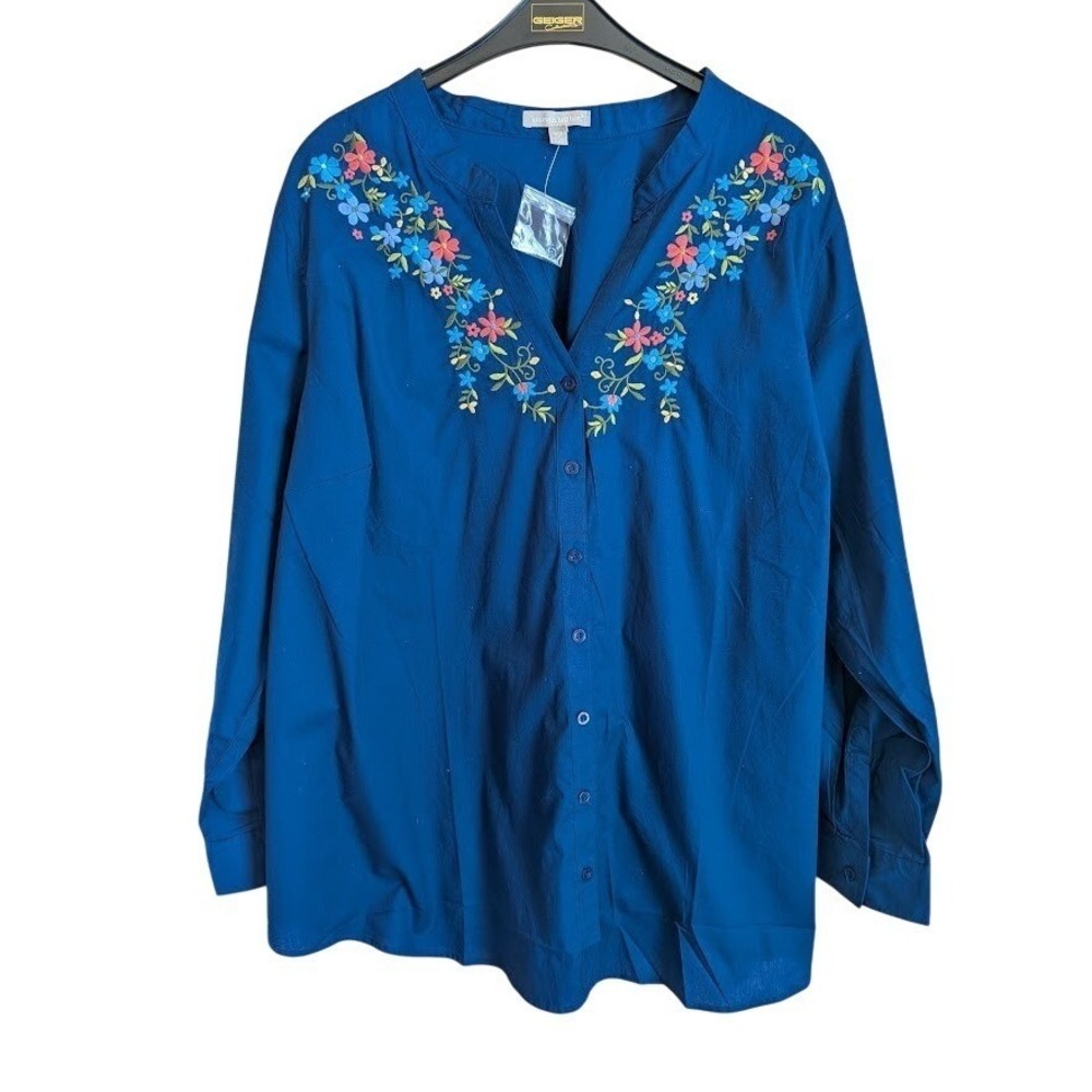 Woman Within Button Front Blouse 3X Boho Floral Embroidered Relaxed Fit Cottage